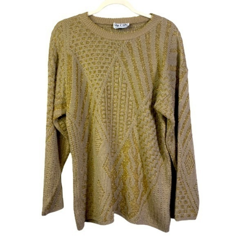 WYE‎ OAKS Vintage Gold Metallic Geometric Pullover Sweater